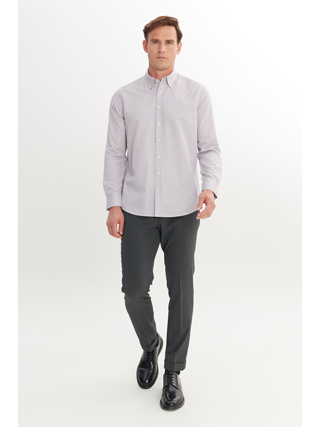 Erkek Gri Pamuklu Slim Fit Dar Kesim Düğmeli Yaka Çizgili Gömlek-1
