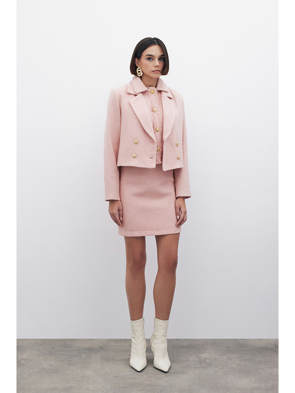 Pembe Simli Mini Tüvit Etek - Pudra