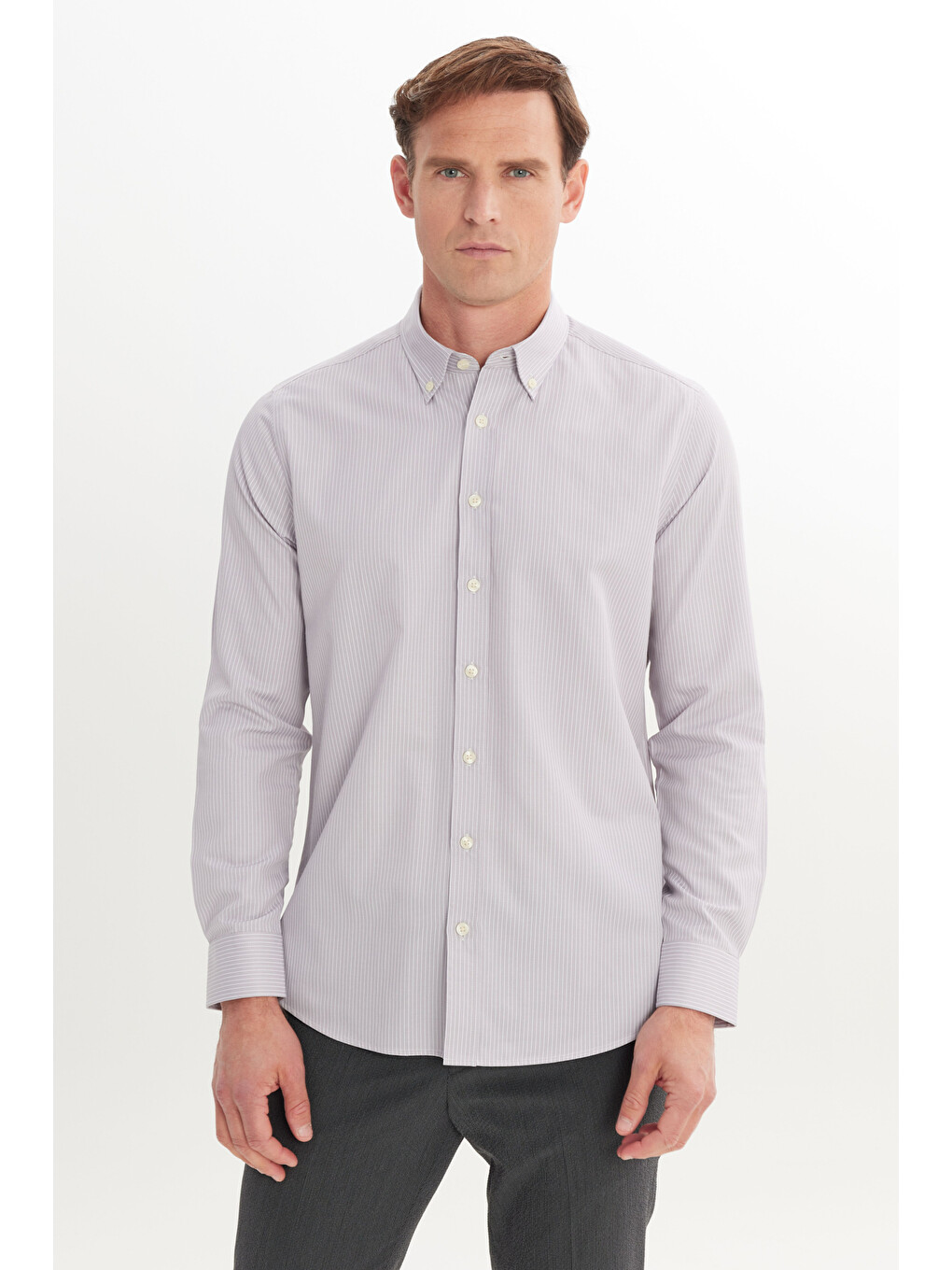 Erkek Gri Pamuklu Slim Fit Dar Kesim Düğmeli Yaka Çizgili Gömlek-2