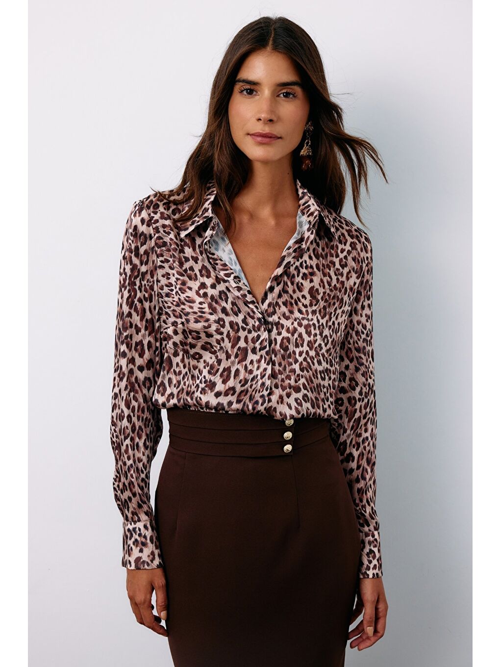SATEEN Bej Leopar Desenli Gömlek - Vizon