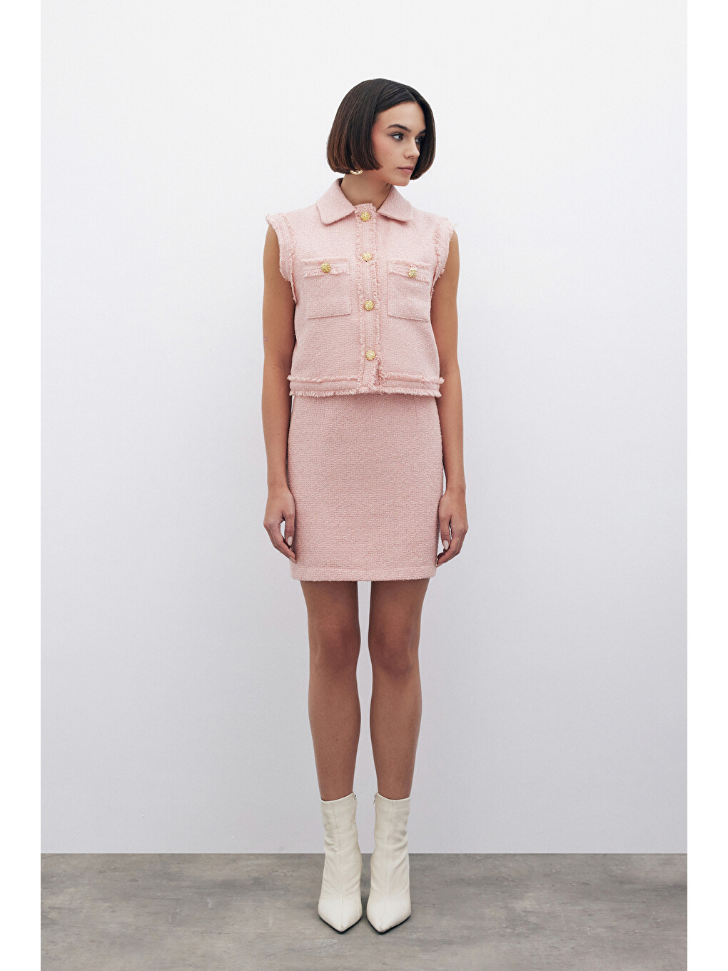 Pembe Simli Mini Tüvit Etek - Pudra-2