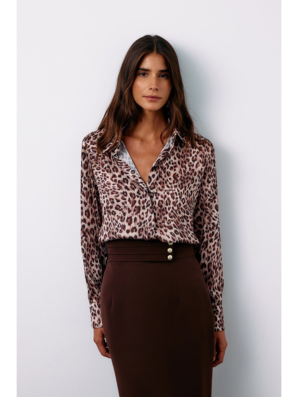 SATEEN Bej Leopar Desenli Gömlek - Vizon - 2