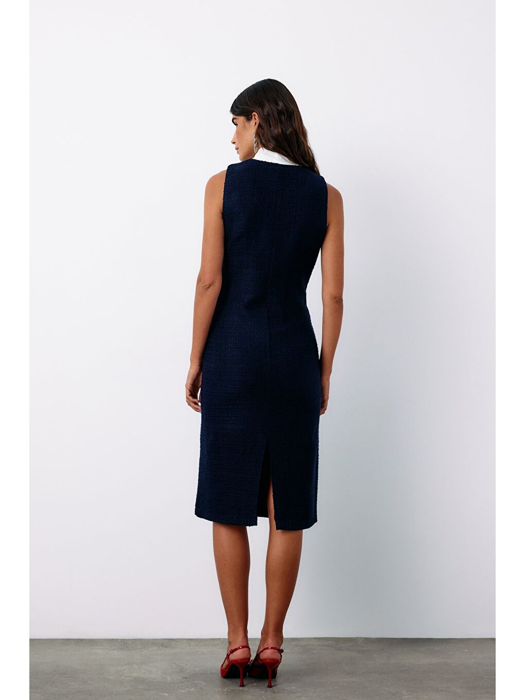 Fularlı Kolsuz Tüvit Elbise - Lacivert-5