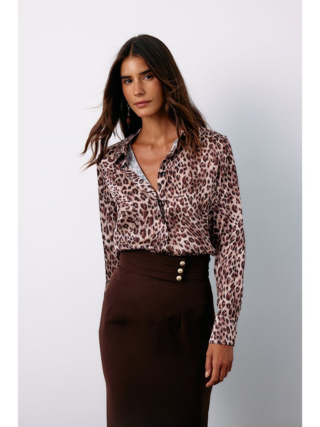 SATEEN Bej Leopar Desenli Gömlek - Vizon - 3