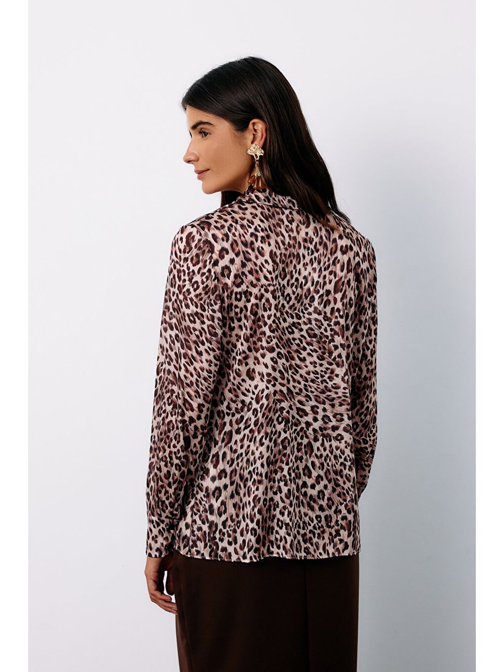 SATEEN Bej Leopar Desenli Gömlek - Vizon - 4