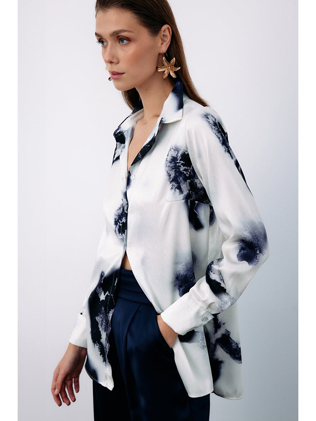 Desenli Geniş Klasik Gömlek - Lacivert-2