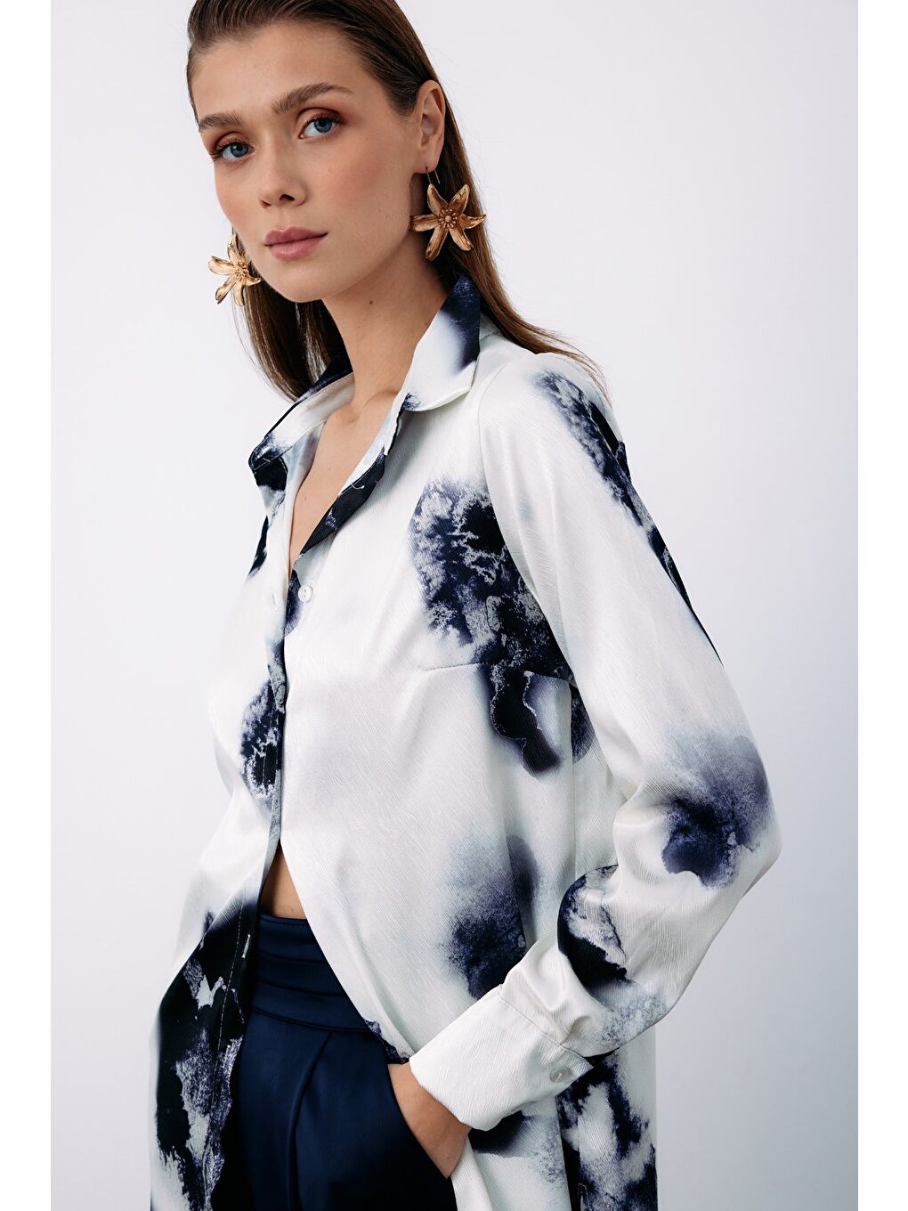 Desenli Geniş Klasik Gömlek - Lacivert-3