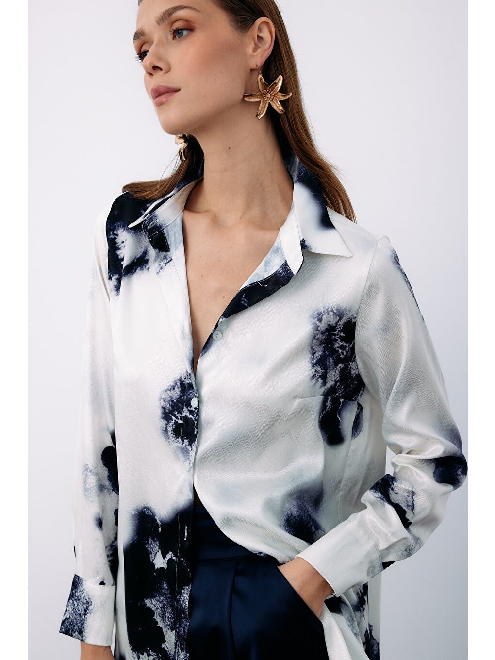 Desenli Geniş Klasik Gömlek - Lacivert-4