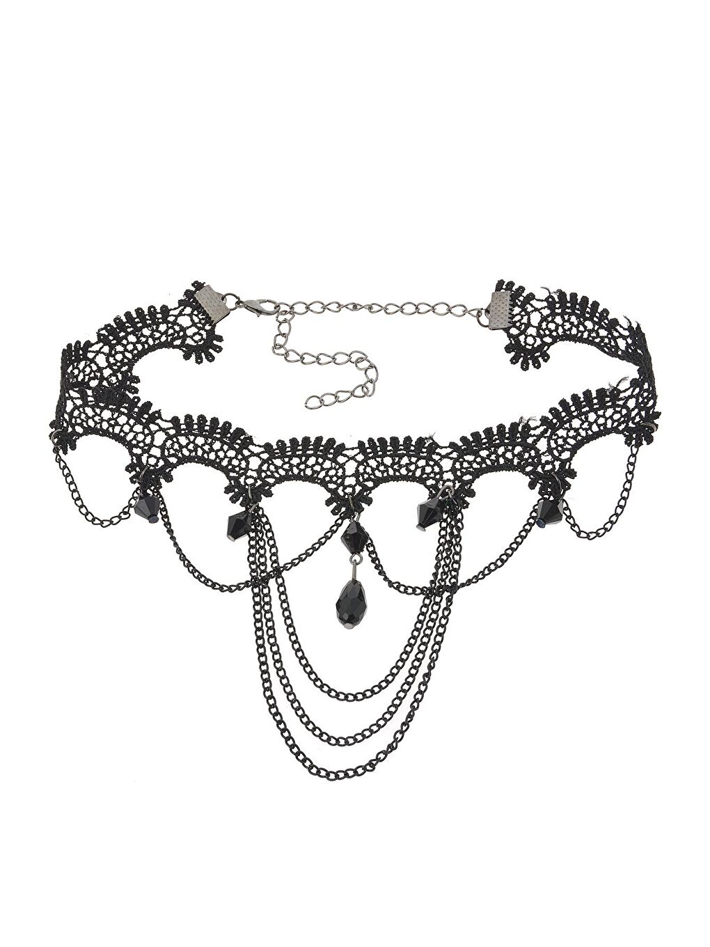 Karışık Kristalli Siyah Dantelli Gothic Kolye