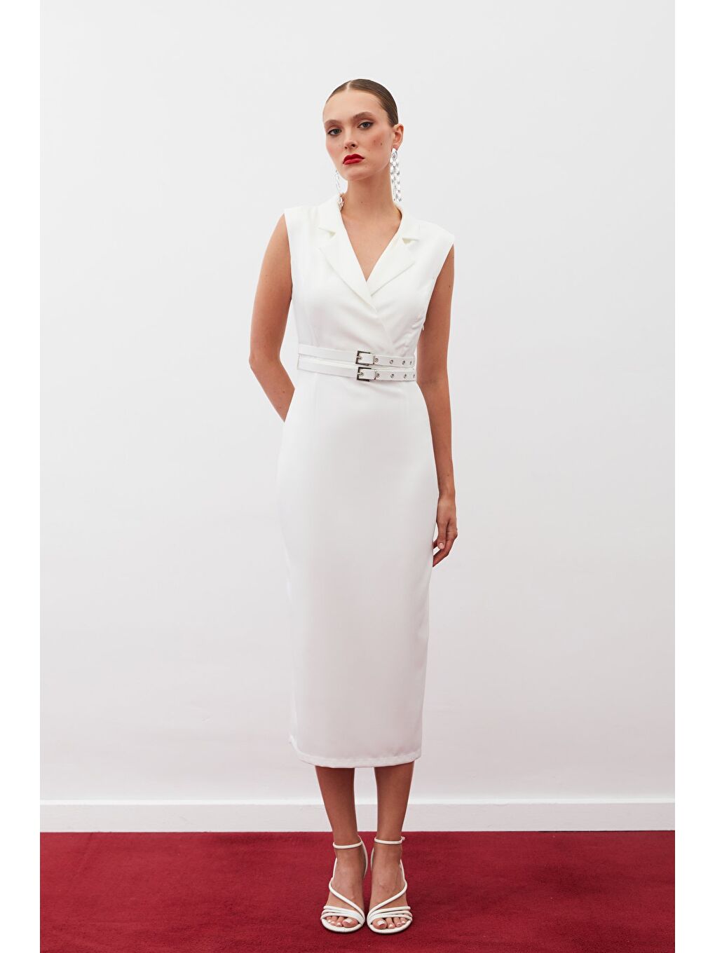Kemerli Midi Elbise - Ekru-1
