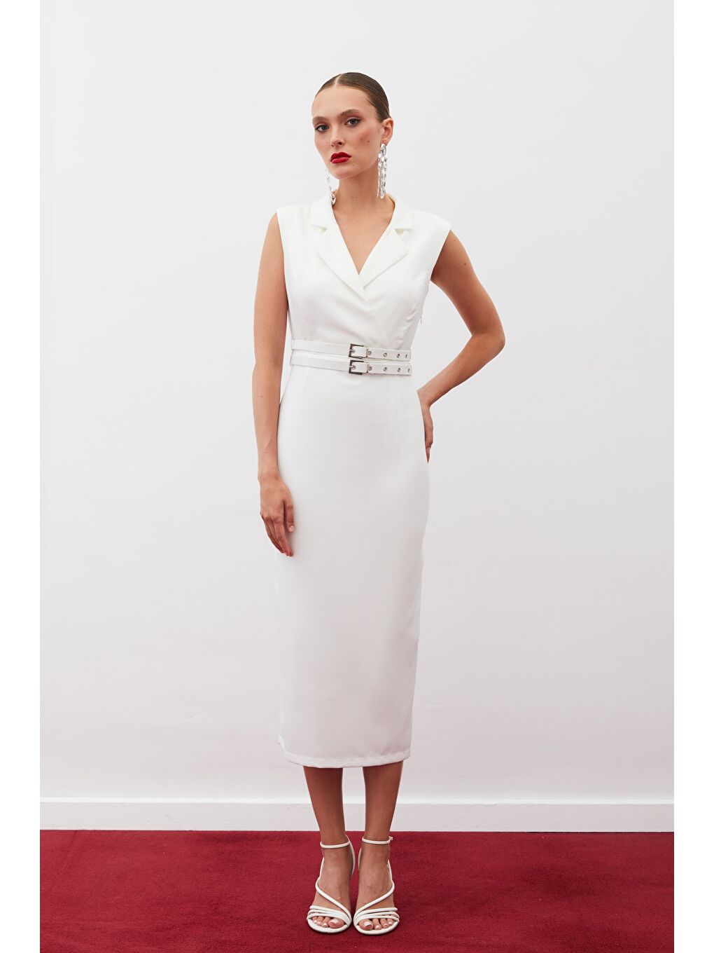 Kemerli Midi Elbise - Ekru-2