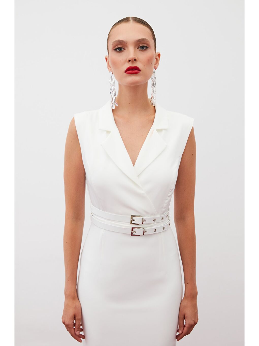 Kemerli Midi Elbise - Ekru-3