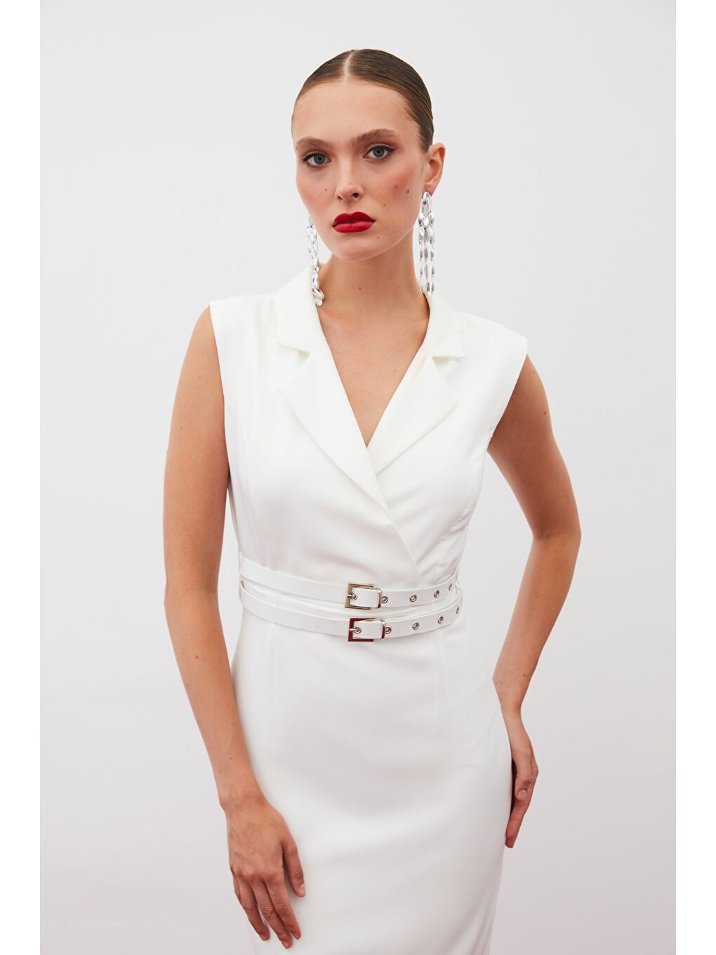 Kemerli Midi Elbise - Ekru-4