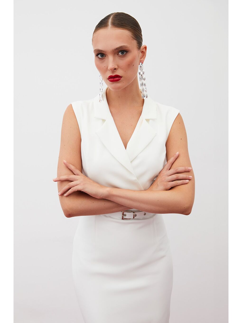 Kemerli Midi Elbise - Ekru-5