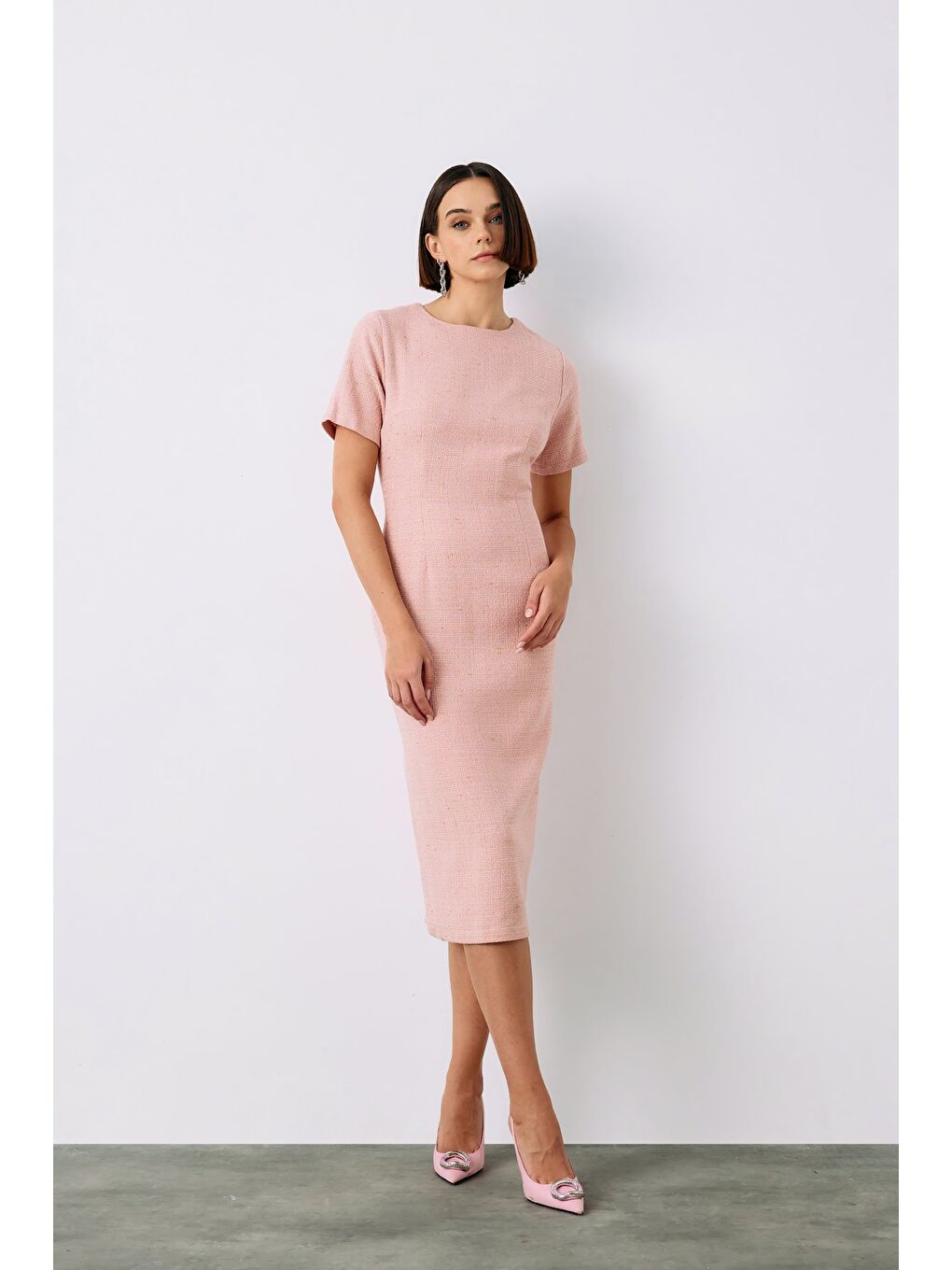 Pembe Simli Kısa Kol Elbise - Pudra-1