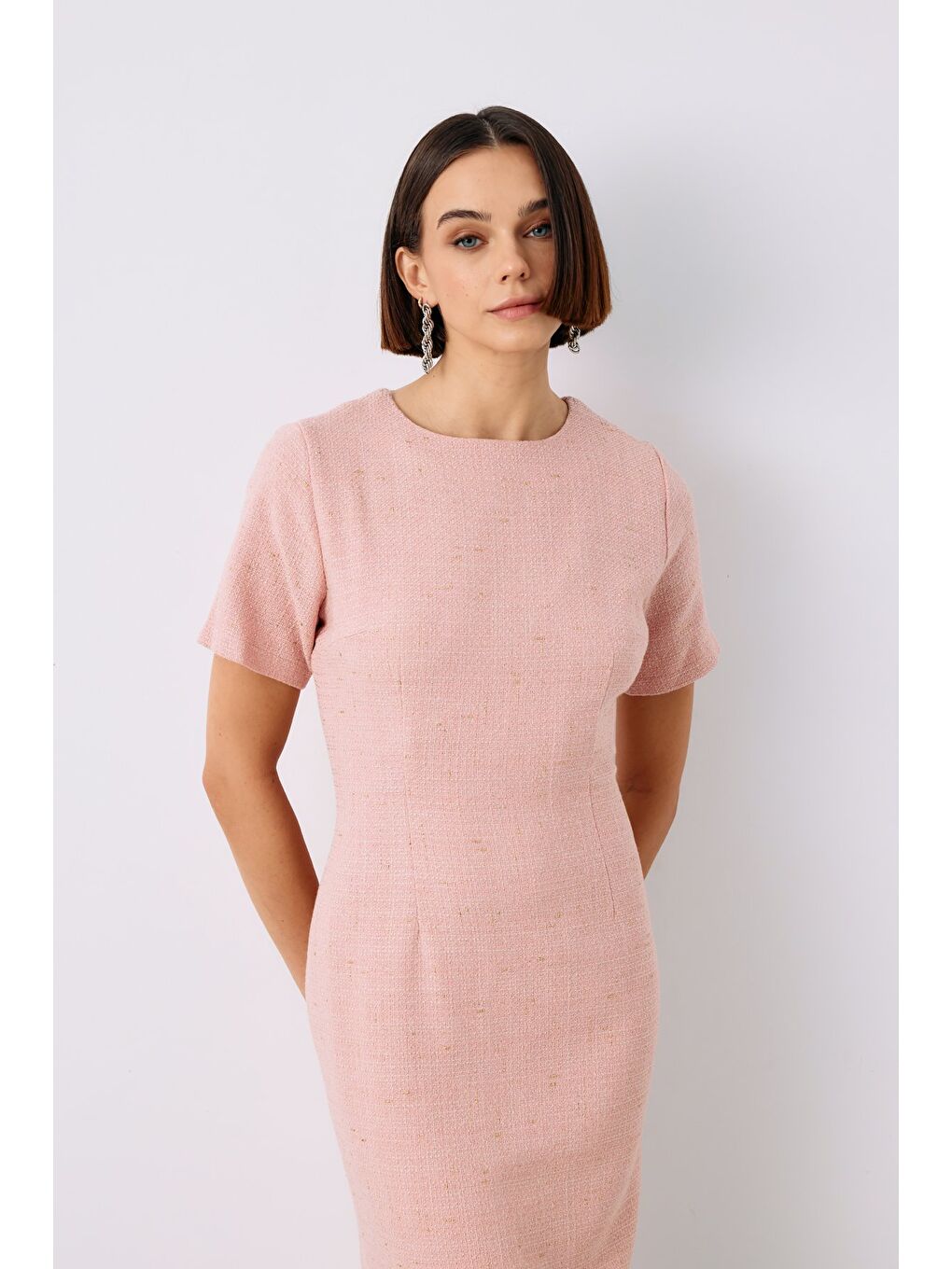 Pembe Simli Kısa Kol Elbise - Pudra-2