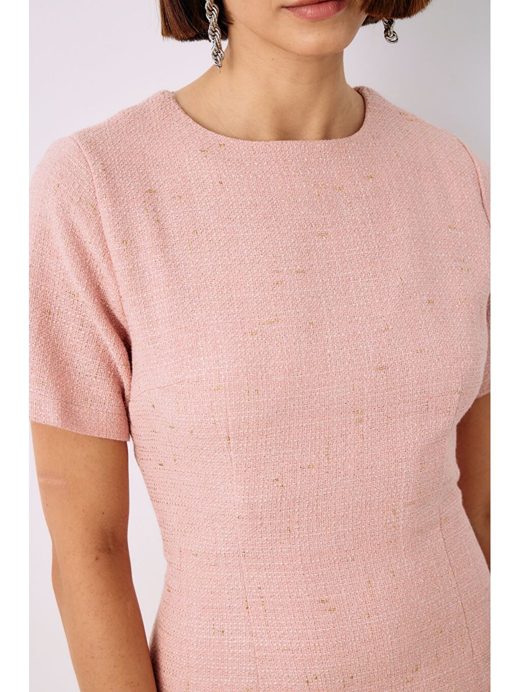 Pembe Simli Kısa Kol Elbise - Pudra-4
