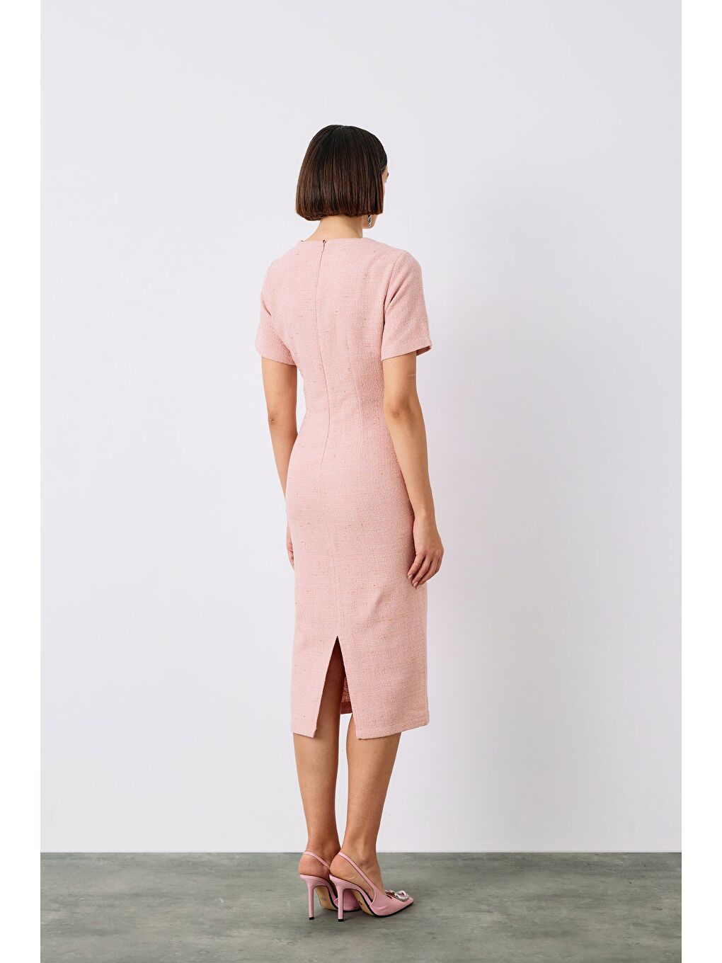 Pembe Simli Kısa Kol Elbise - Pudra-5