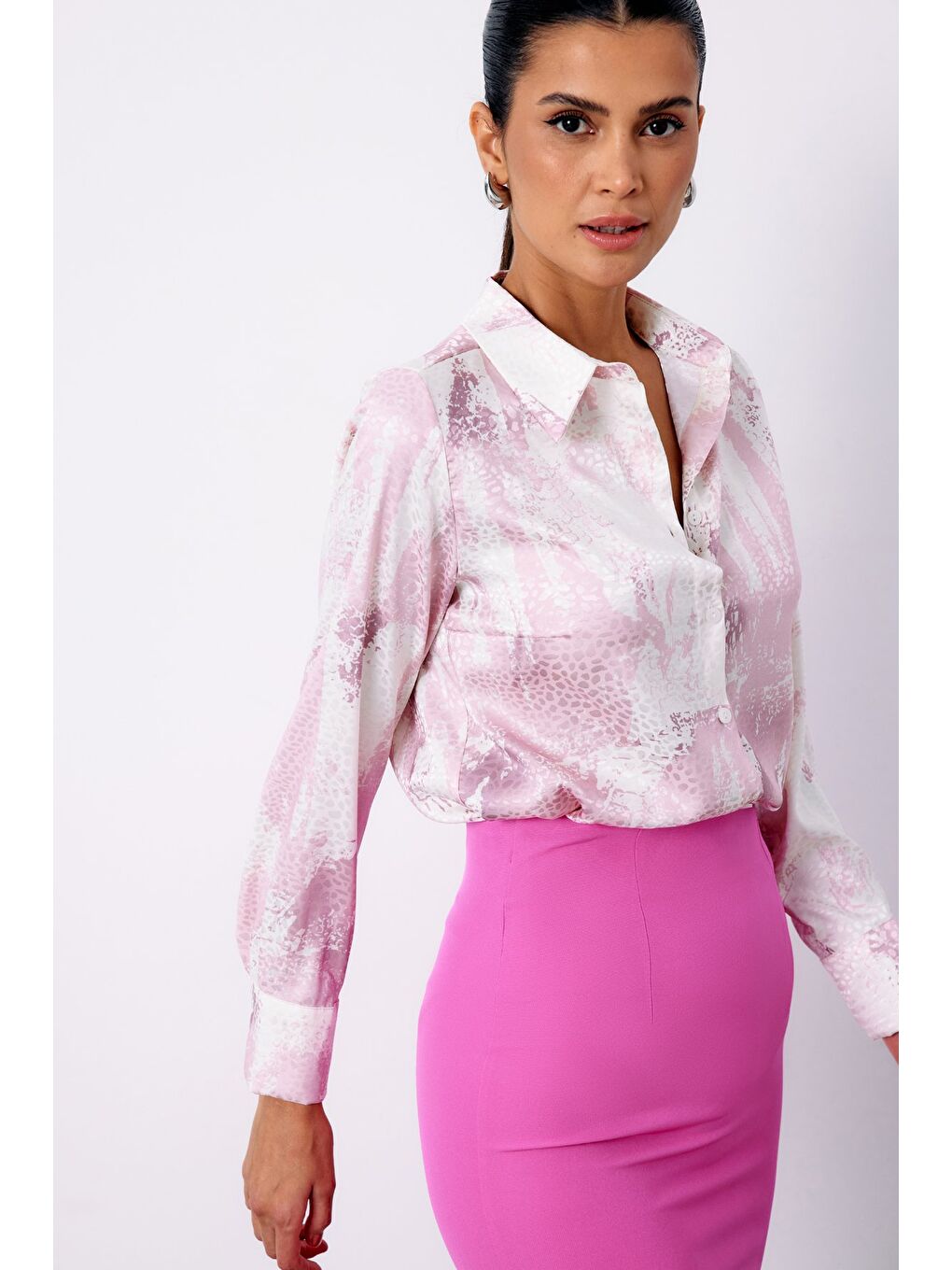 Pembe Desenli Salaş Gömlek - Pudra-1