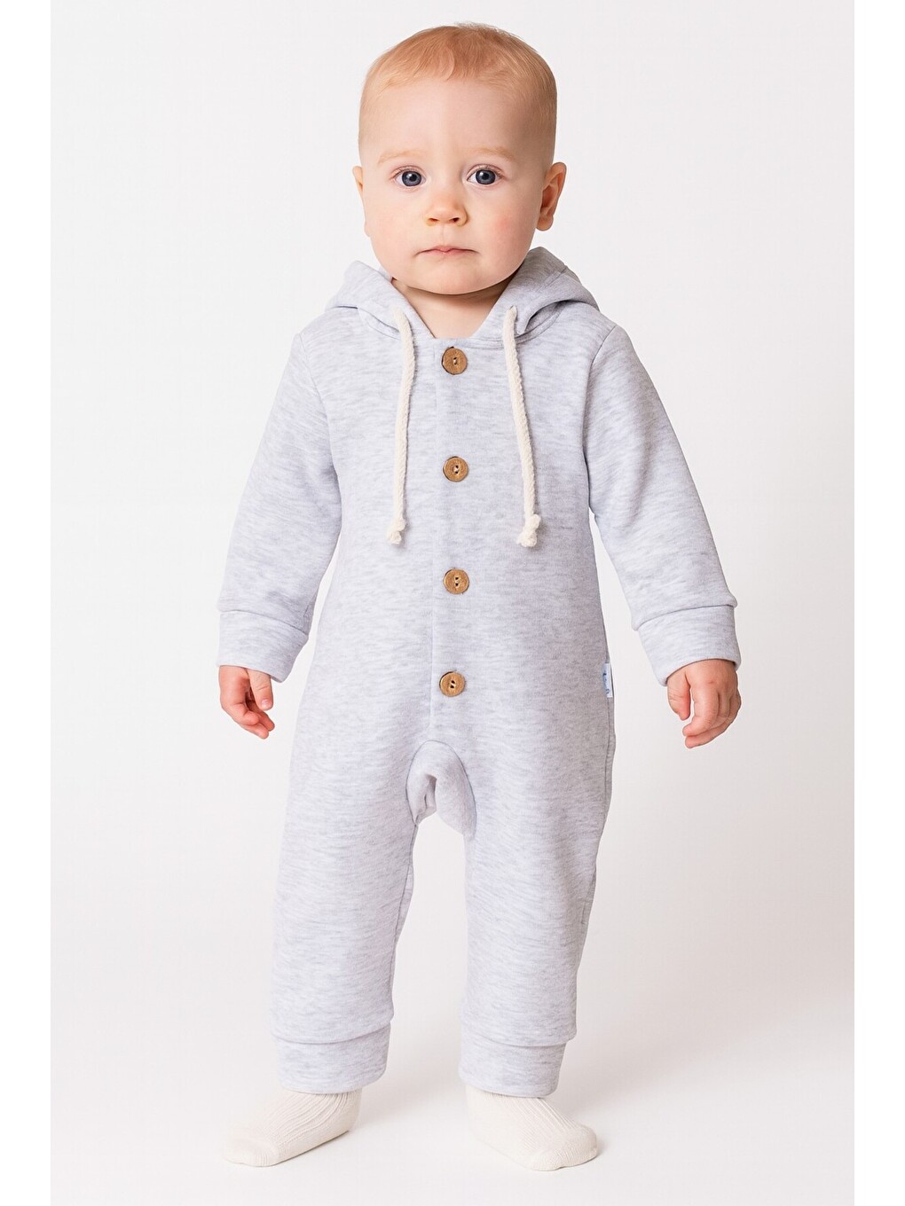 Gri Unisex Bebek Kapüşonlu Düğmeli Mevsimlik Tulum