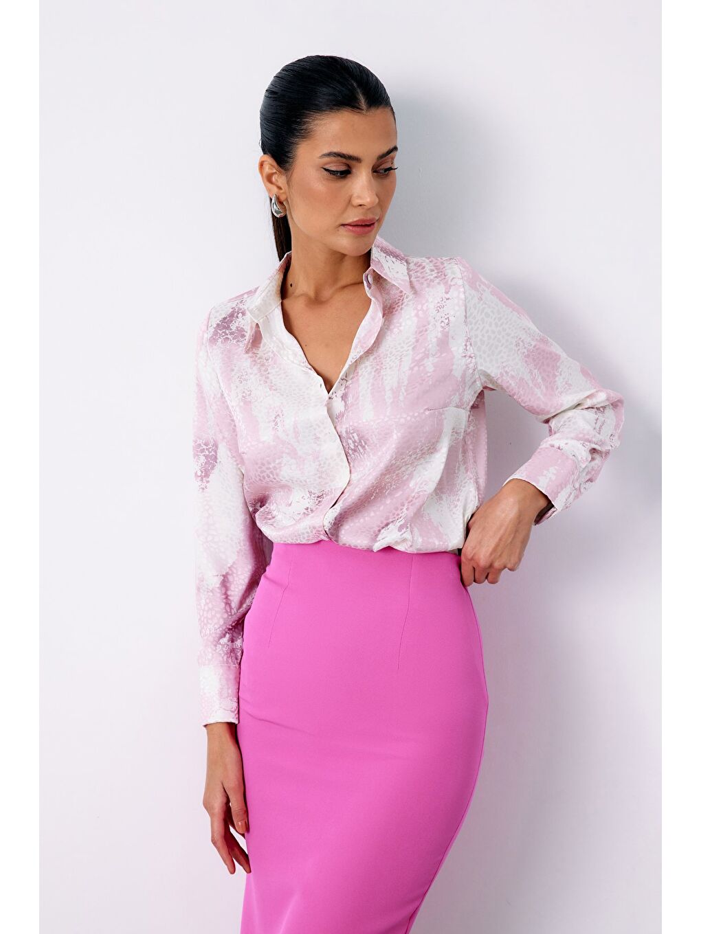 Pembe Desenli Salaş Gömlek - Pudra-2