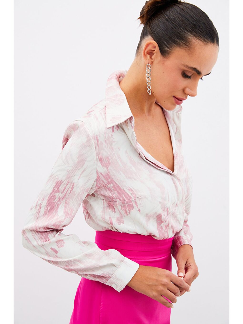 Pembe Desenli Düz Gömlek - Pudra-2