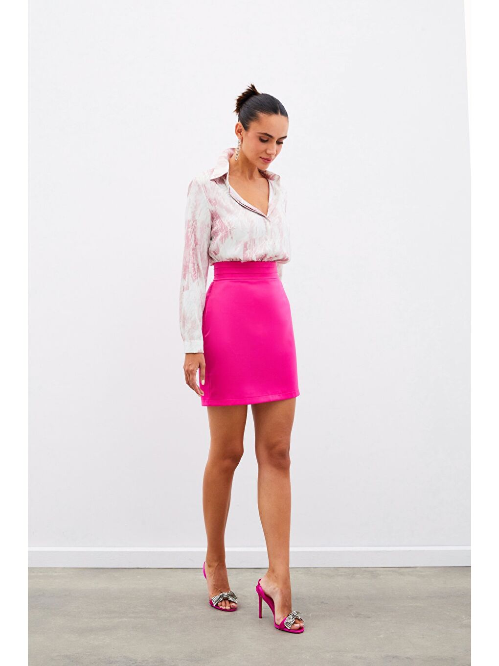 Pembe Desenli Düz Gömlek - Pudra-4