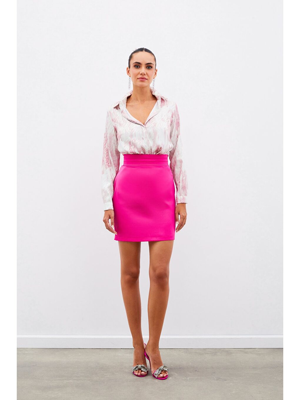 Pembe Desenli Düz Gömlek - Pudra-5