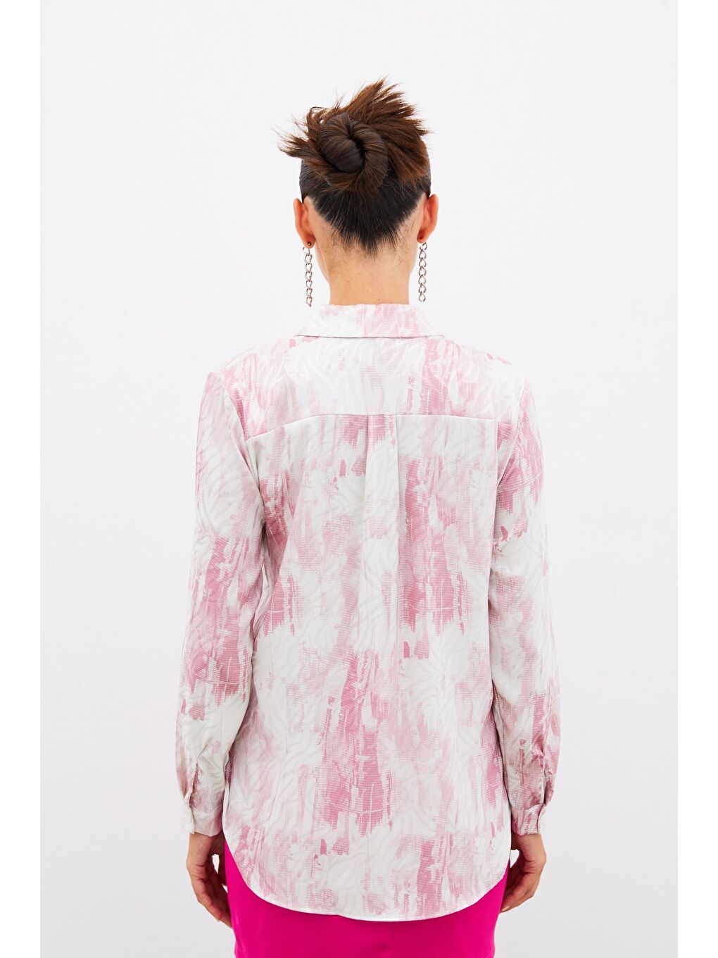 Pembe Desenli Düz Gömlek - Pudra-7