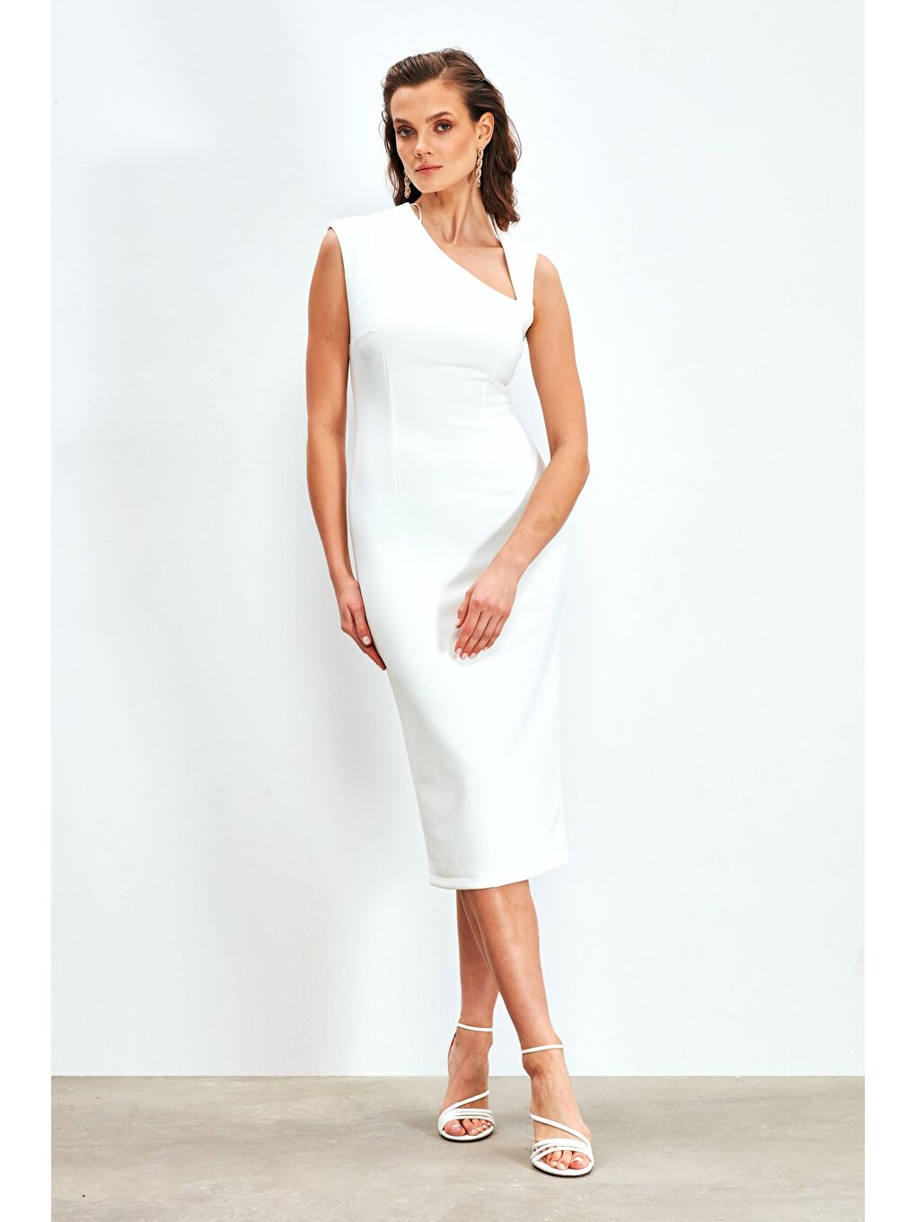 Asimetrik Midi Boy Elbise - Ekru