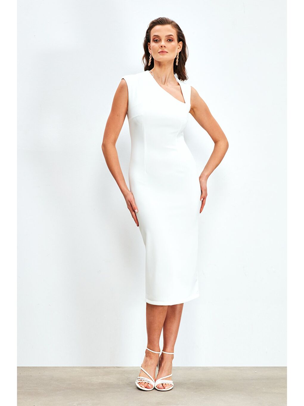 Asimetrik Midi Boy Elbise - Ekru-2