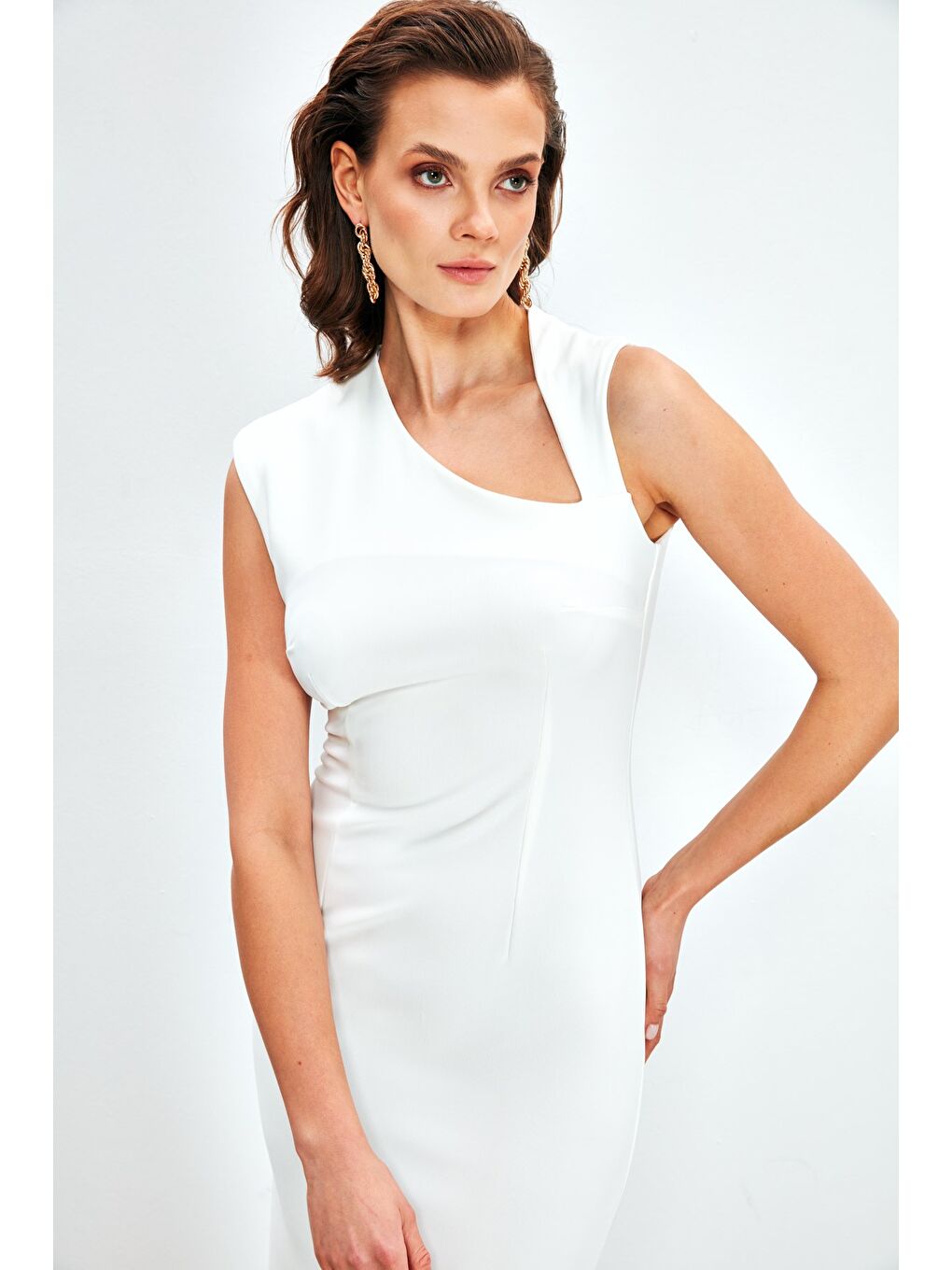 Asimetrik Midi Boy Elbise - Ekru-3