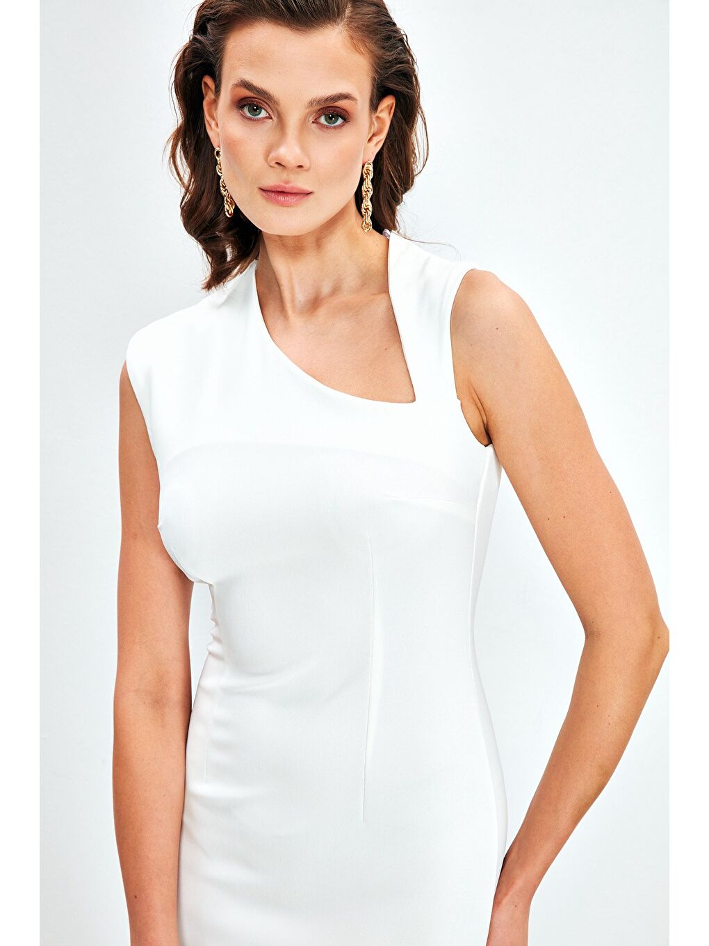 Asimetrik Midi Boy Elbise - Ekru-4