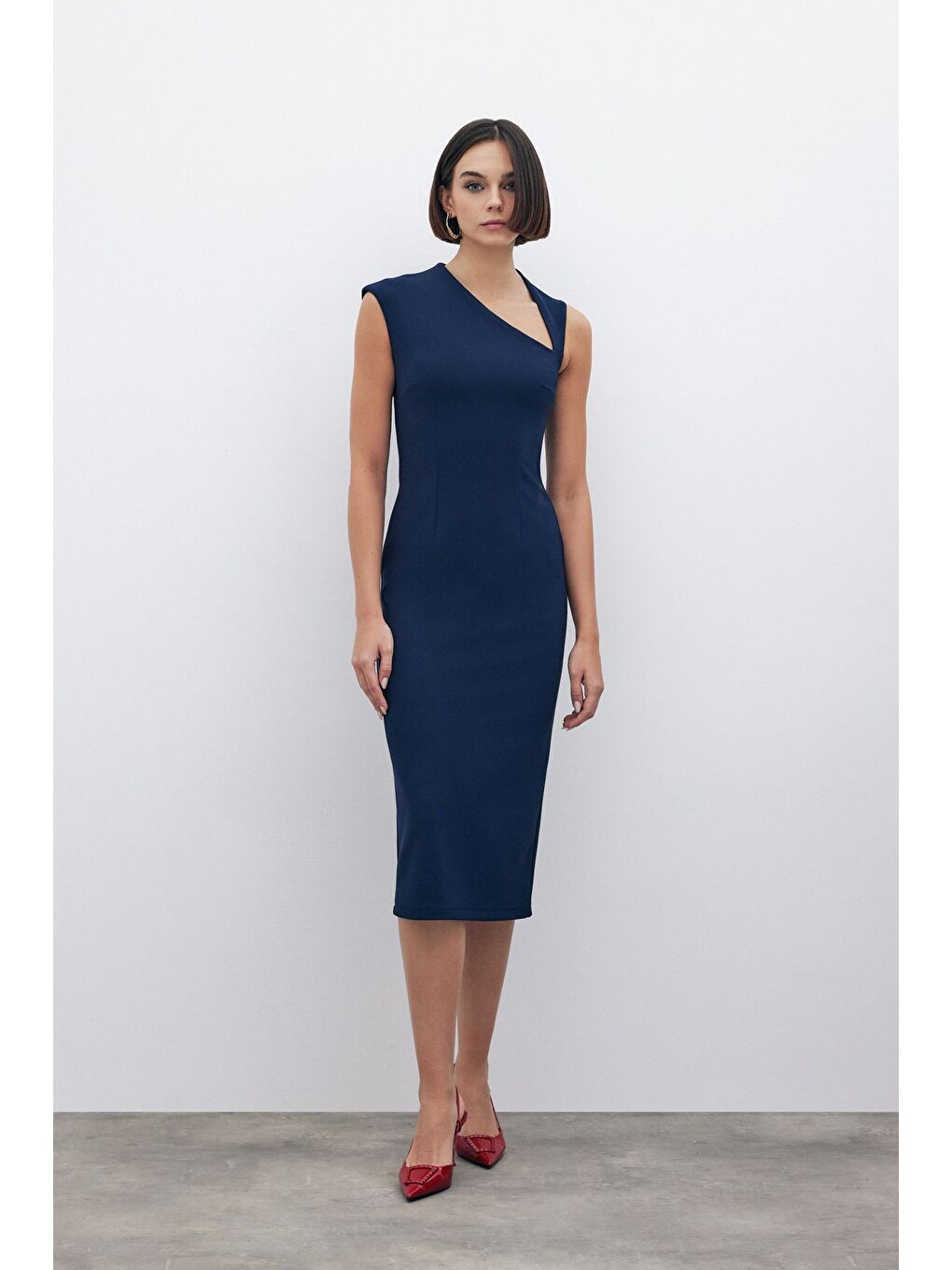 Asimetrik Midi Boy Elbise - Lacivert