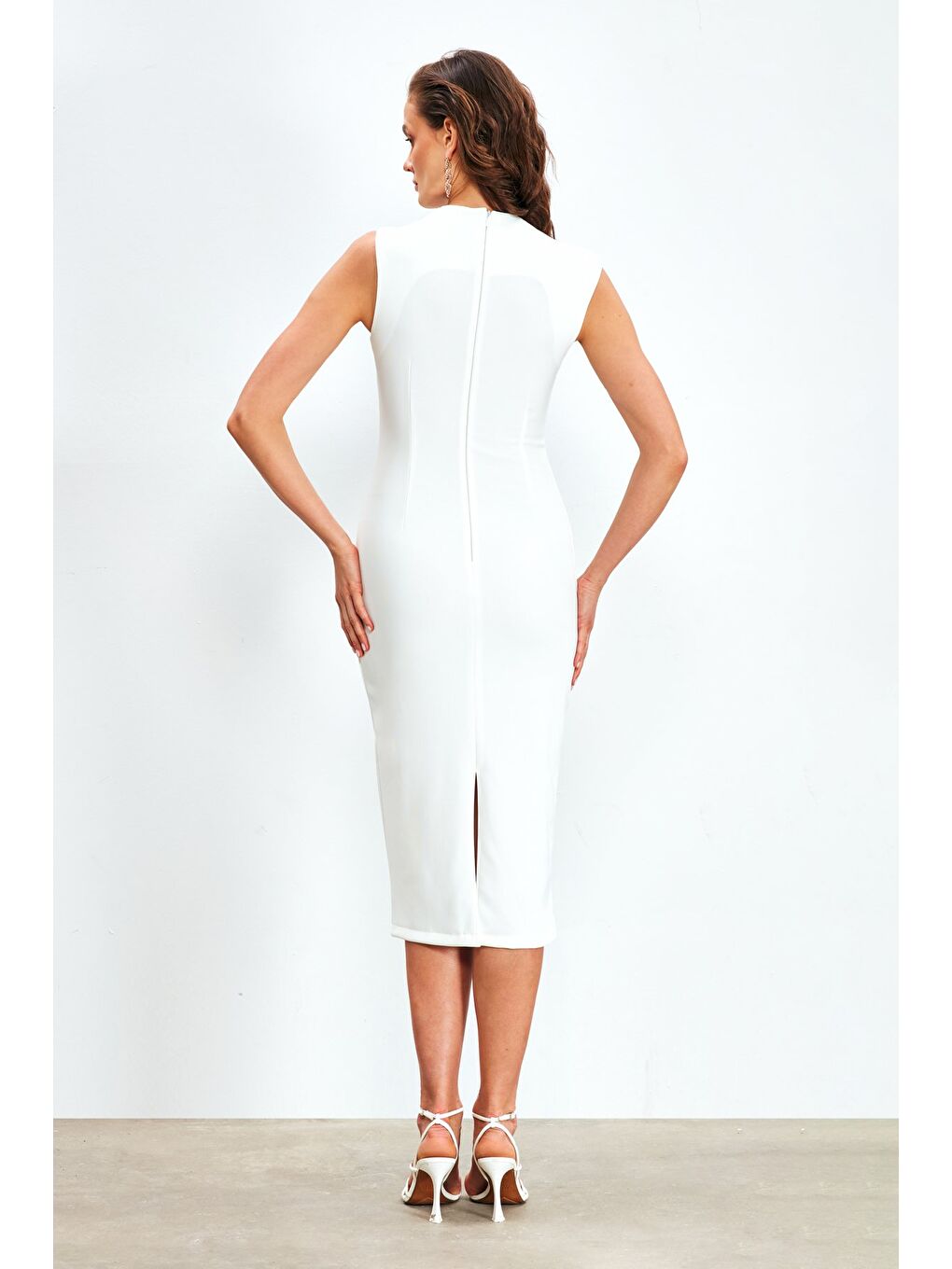 Asimetrik Midi Boy Elbise - Ekru-5