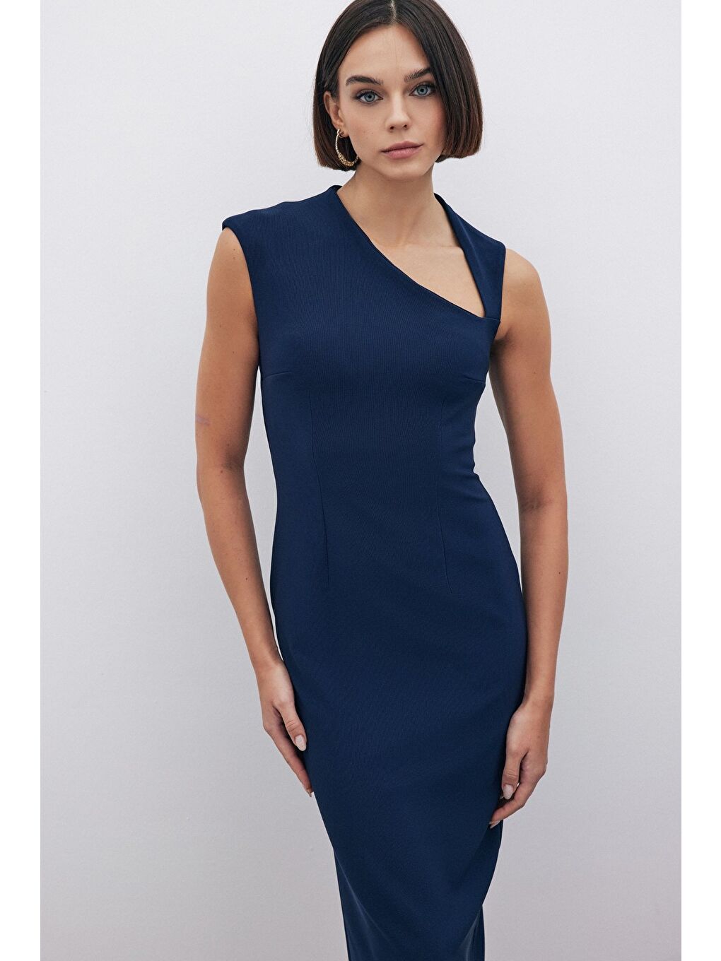 Asimetrik Midi Boy Elbise - Lacivert-1