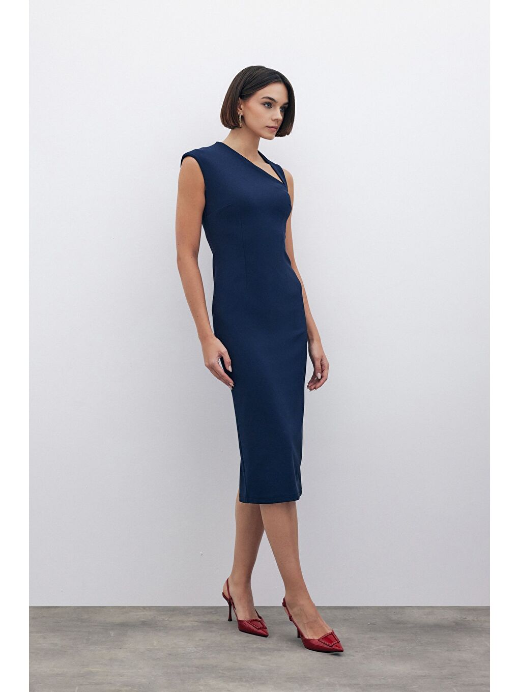 Asimetrik Midi Boy Elbise - Lacivert-2