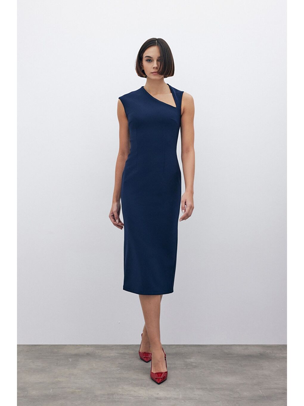 Asimetrik Midi Boy Elbise - Lacivert-3