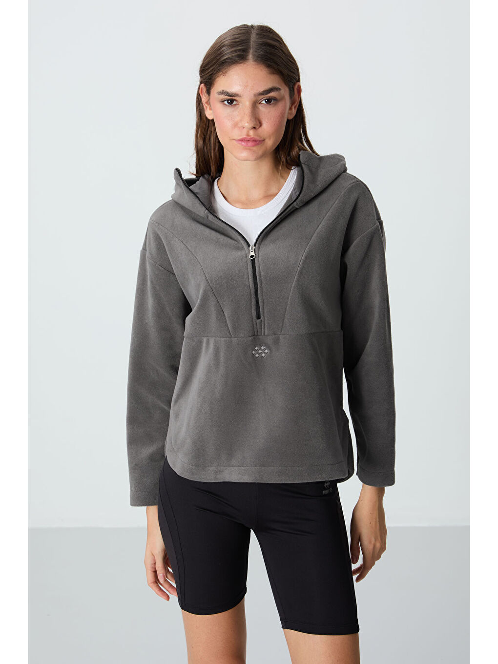 Koyu Gri Kalın Yumuşak Dokulu Kapüşonlu Oversize Nakışlı Polar Kadın Sweatshirt  97286