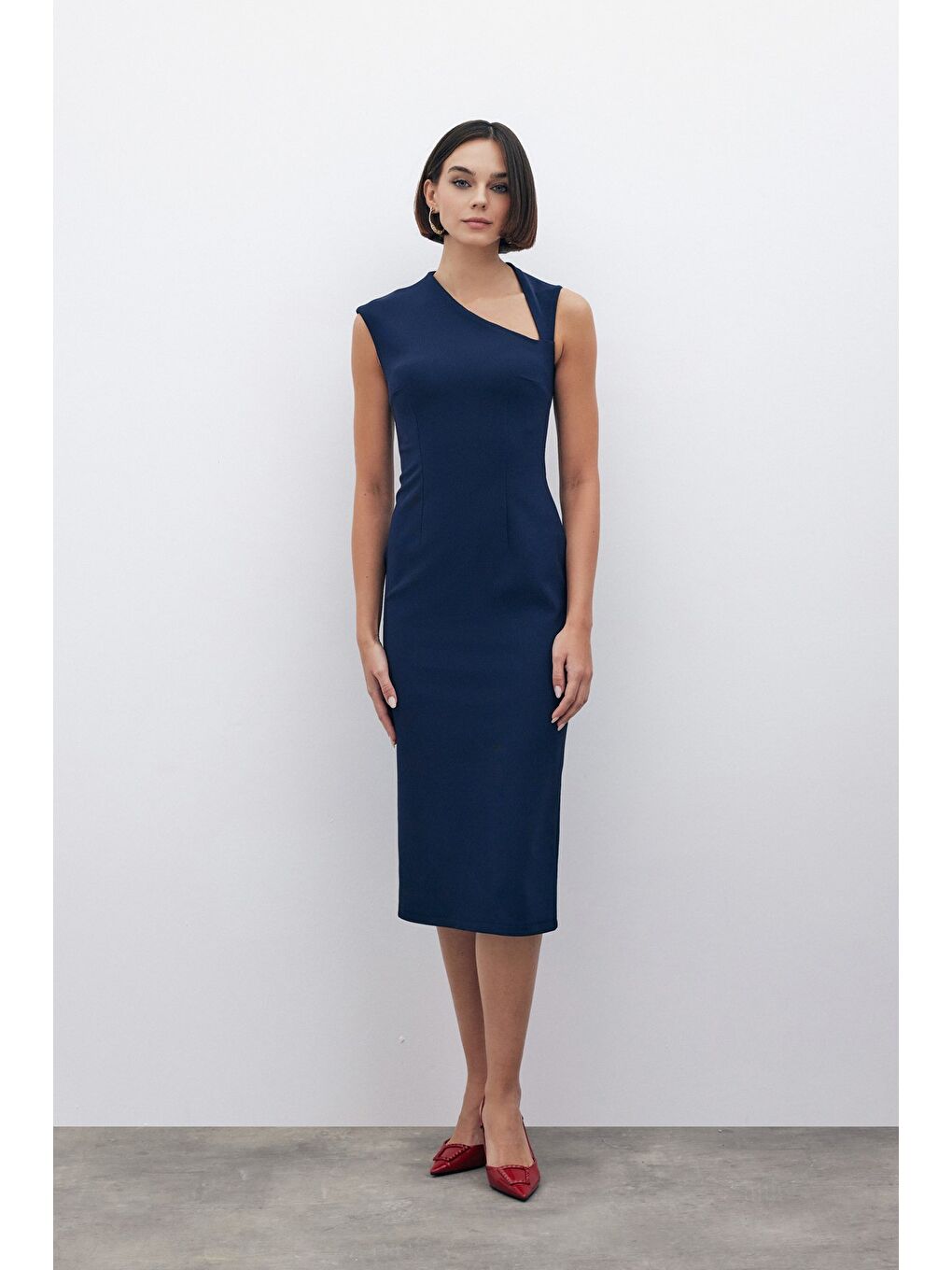 Asimetrik Midi Boy Elbise - Lacivert-4