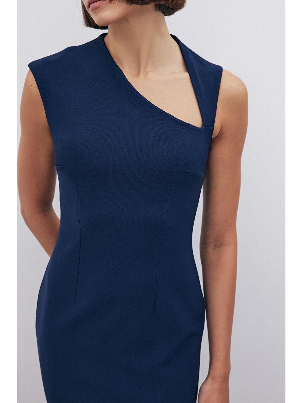 Asimetrik Midi Boy Elbise - Lacivert-5
