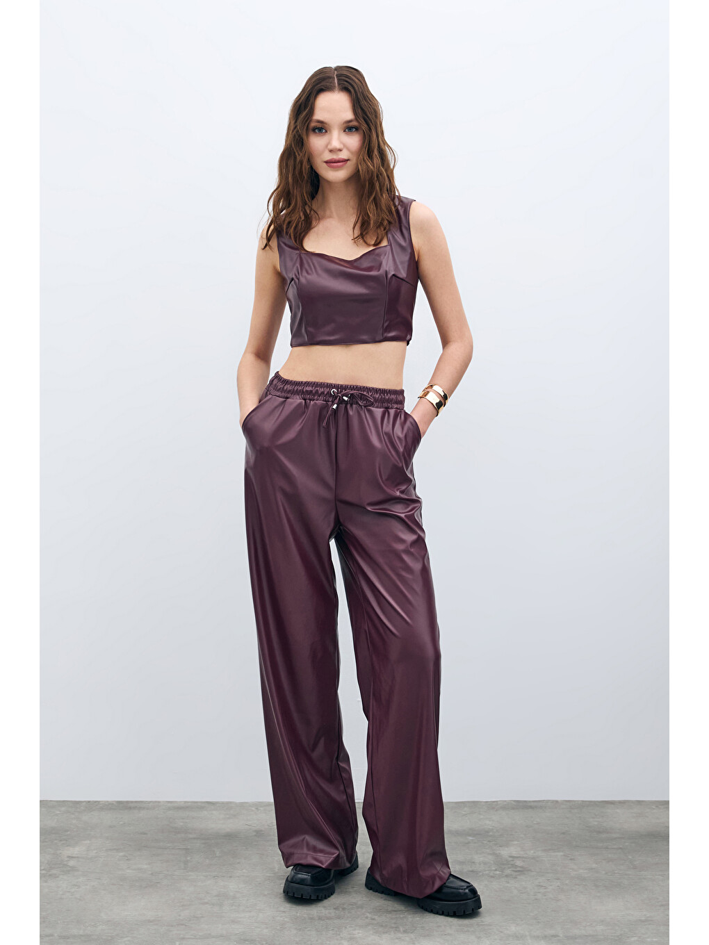 Kare Yaka Deri Crop - Bordo-4