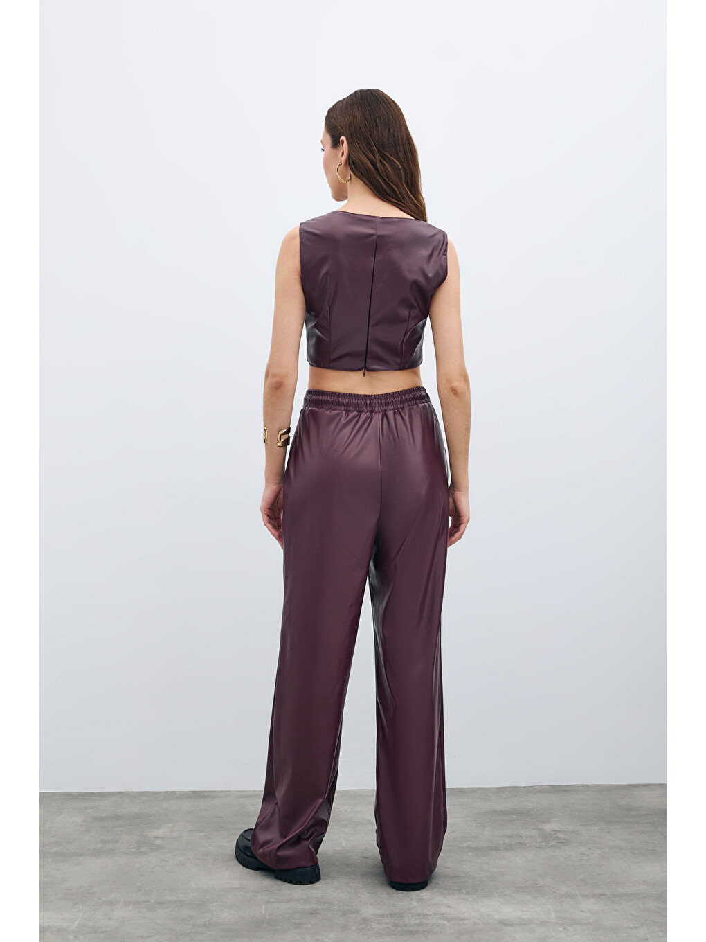 Kare Yaka Deri Crop - Bordo-5