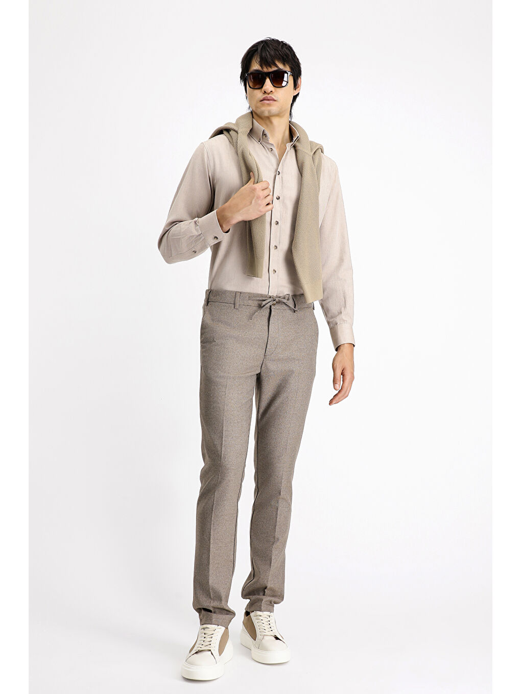 Bej Uzun Kol Regular Fit Spor Pamuk Düğmeli Yaka Oxford Gömlek-1