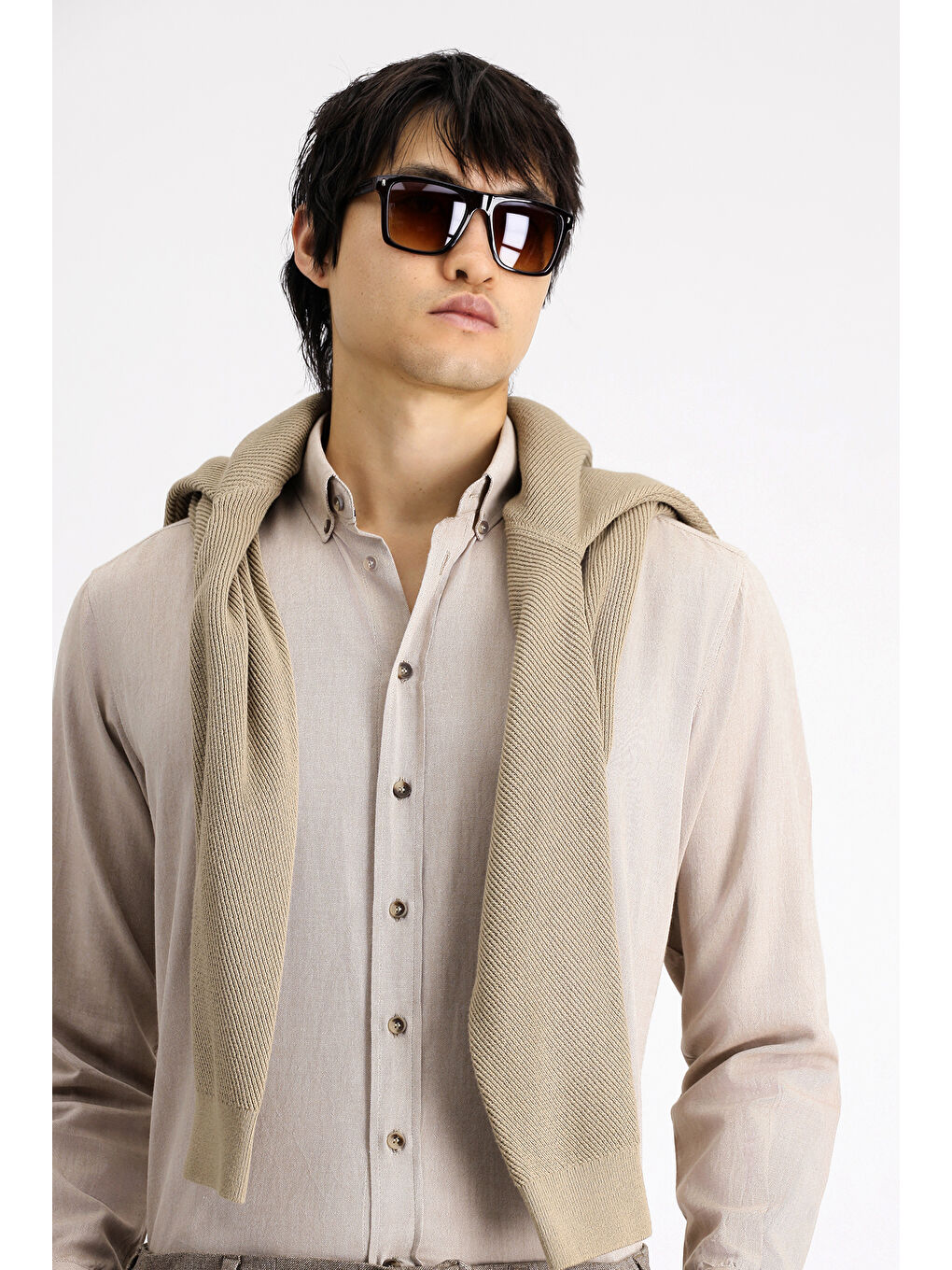 Bej Uzun Kol Regular Fit Spor Pamuk Düğmeli Yaka Oxford Gömlek-2