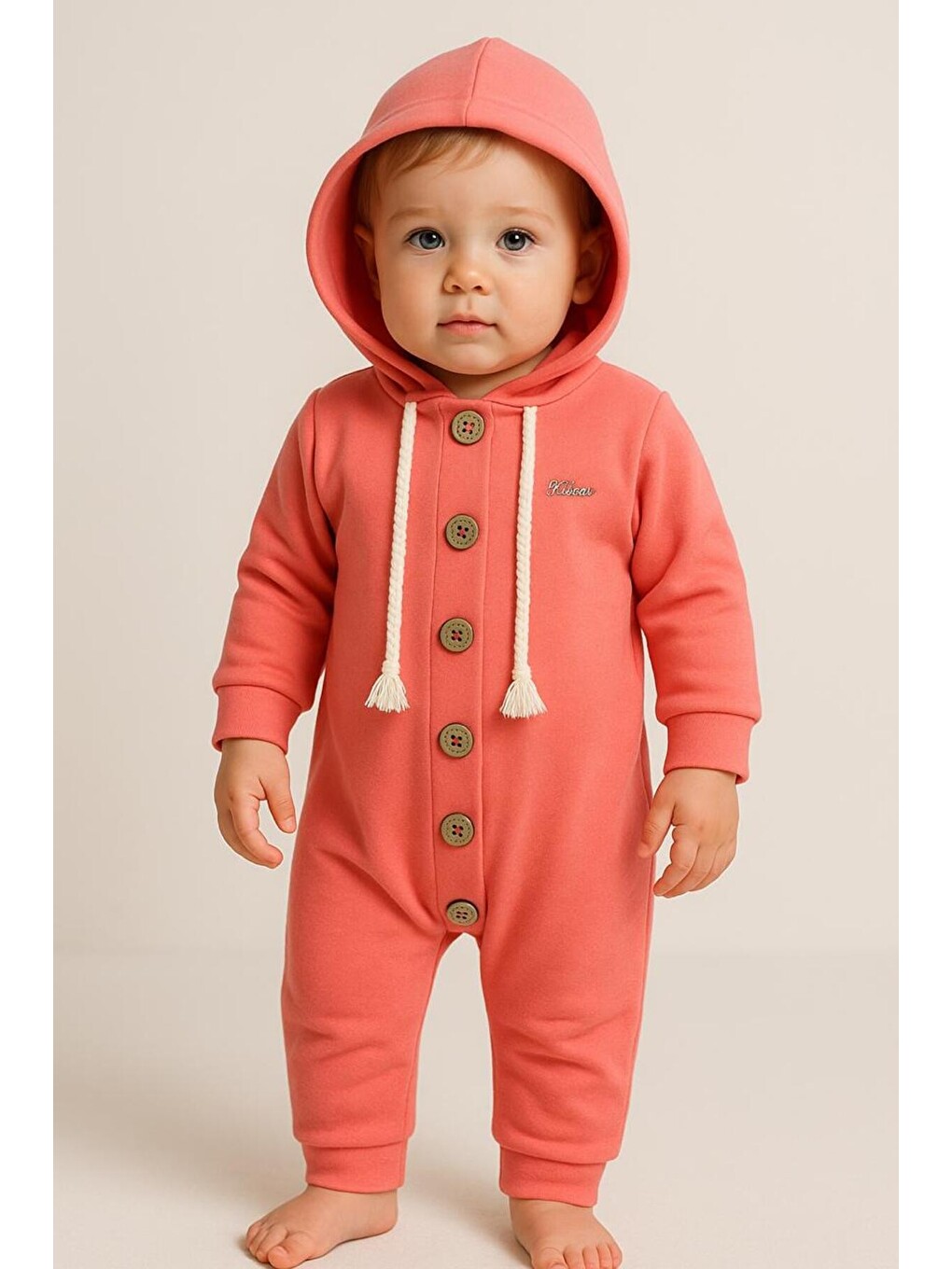 Kırmızı Unisex Bebek Kapüşonlu Düğmeli Mevsimlik Tulum