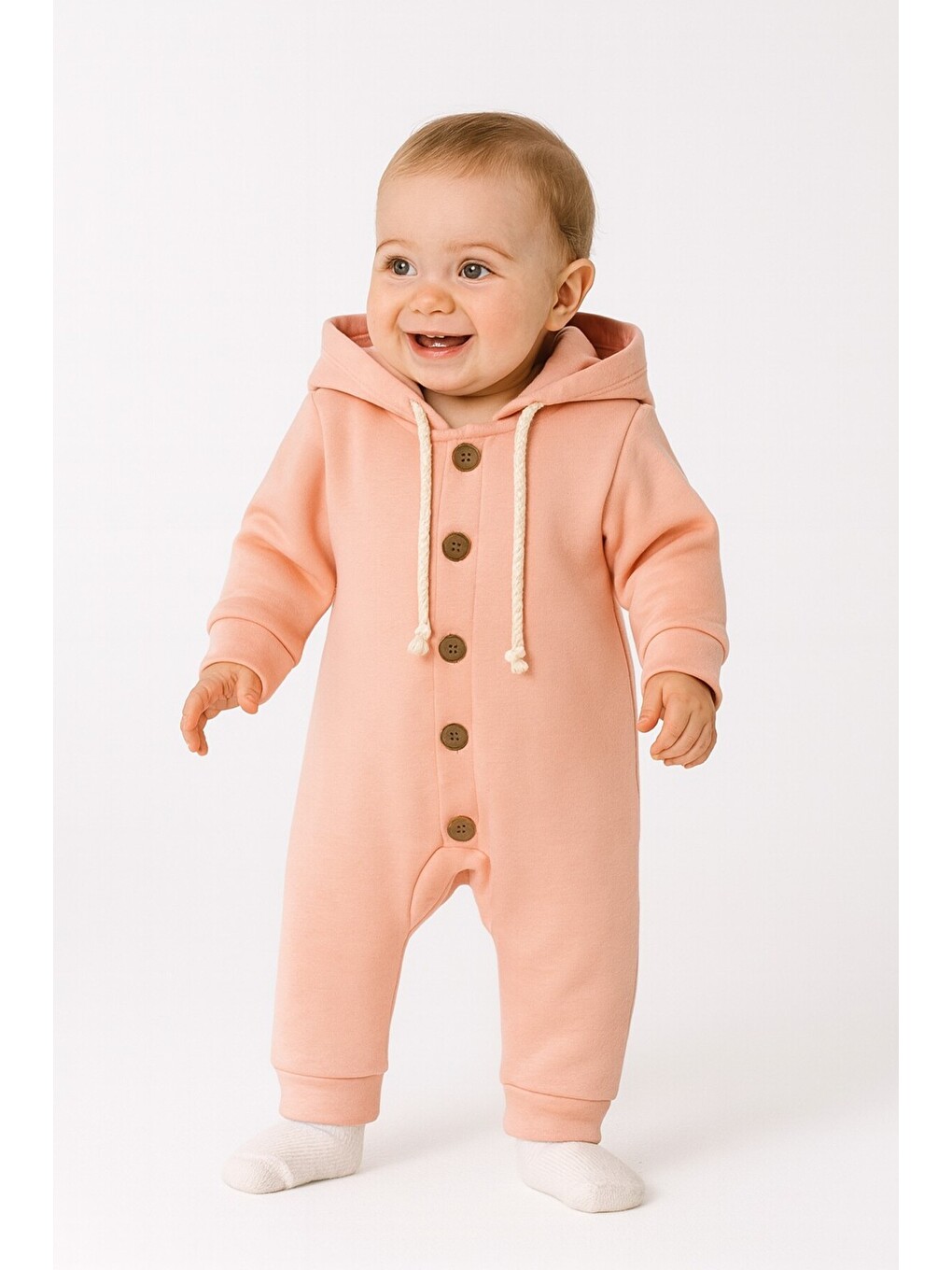 Turuncu Unisex Bebek Kapüşonlu Düğmeli Mevsimlik Tulum