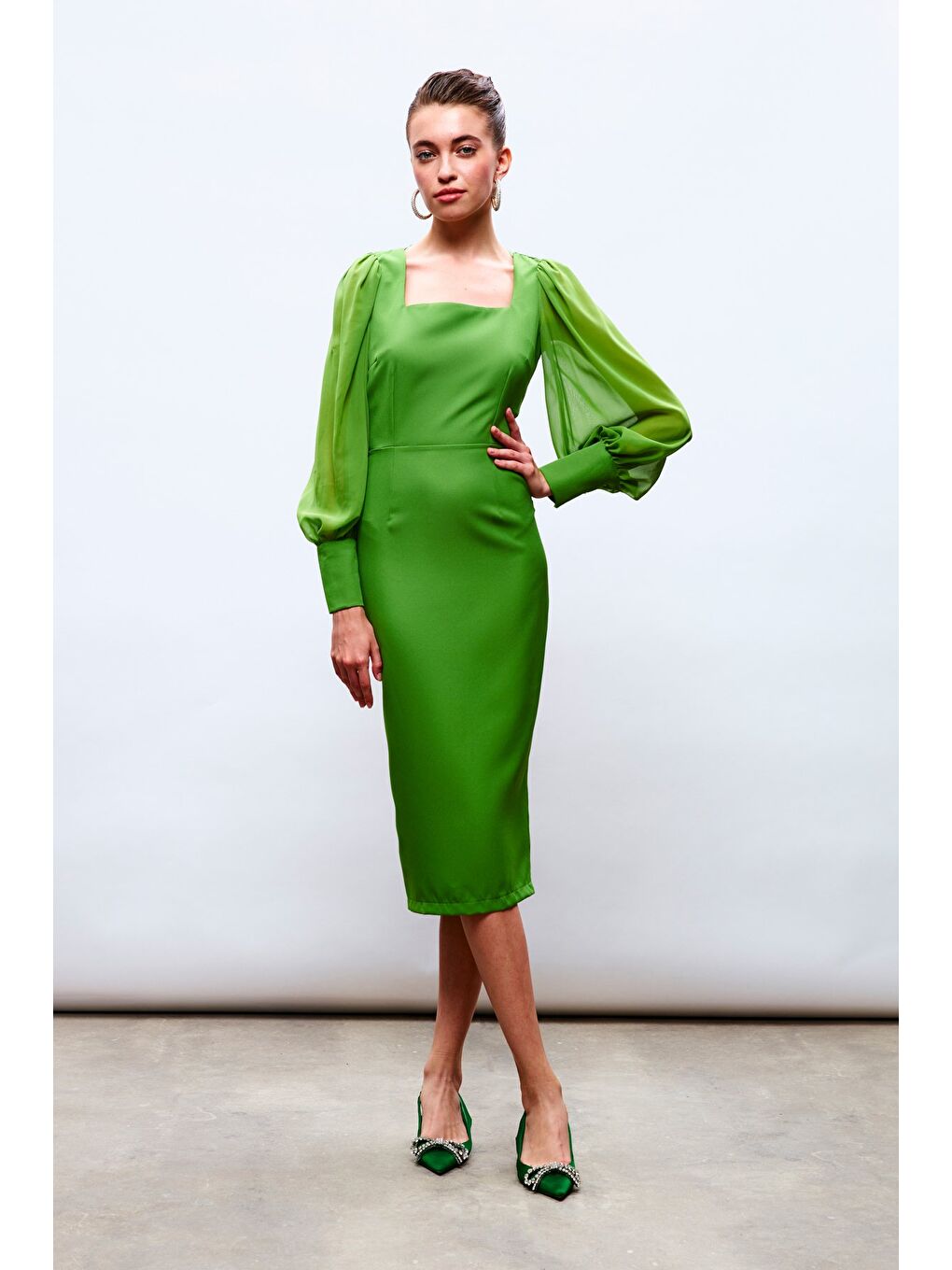 Şifon Kol Krep Elbise - Yeşil-1