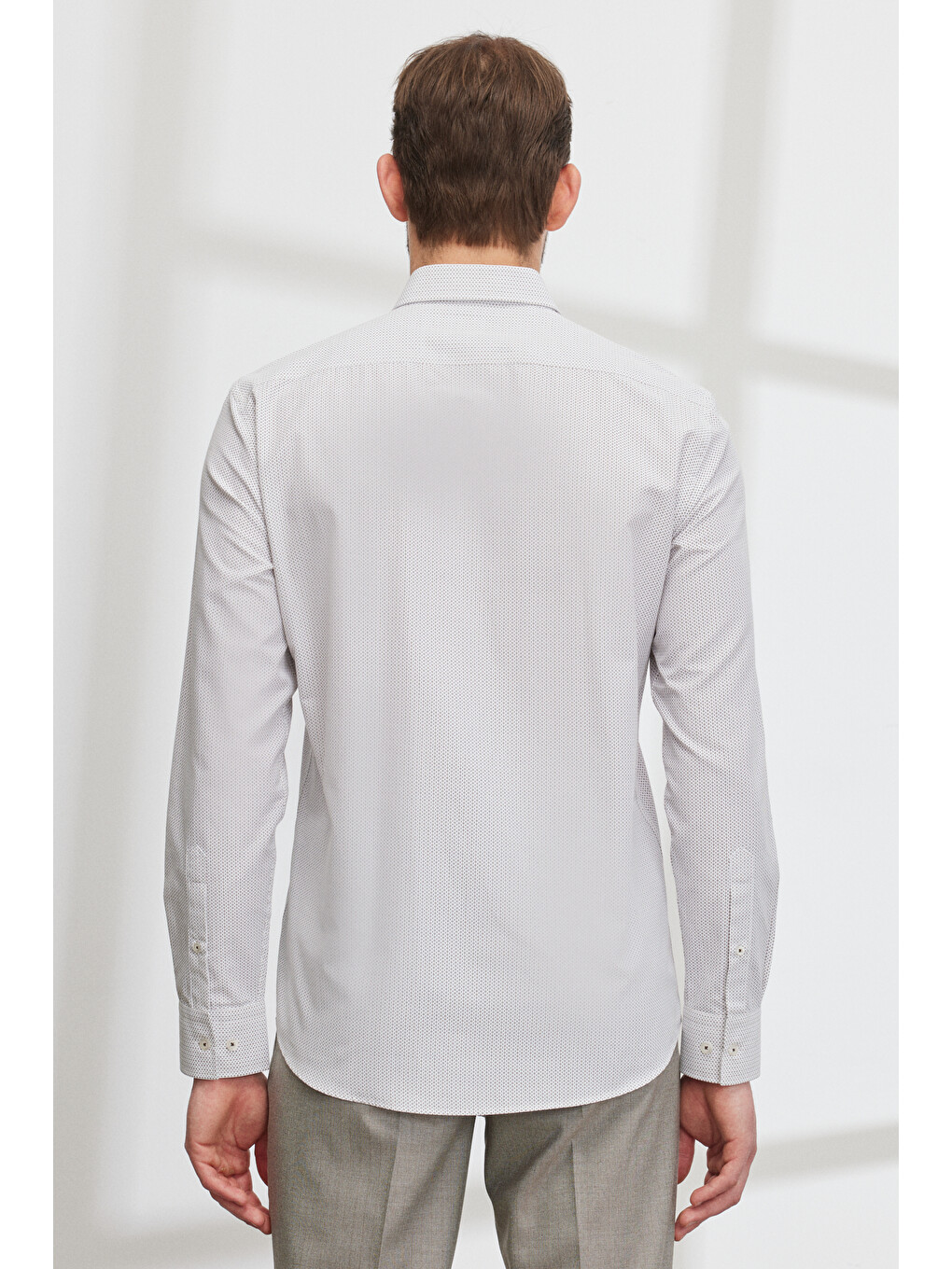 Erkek Beyaz-kahve Slim Fit Dar Kesim Gizli Düğme Yaka Gömlek-7