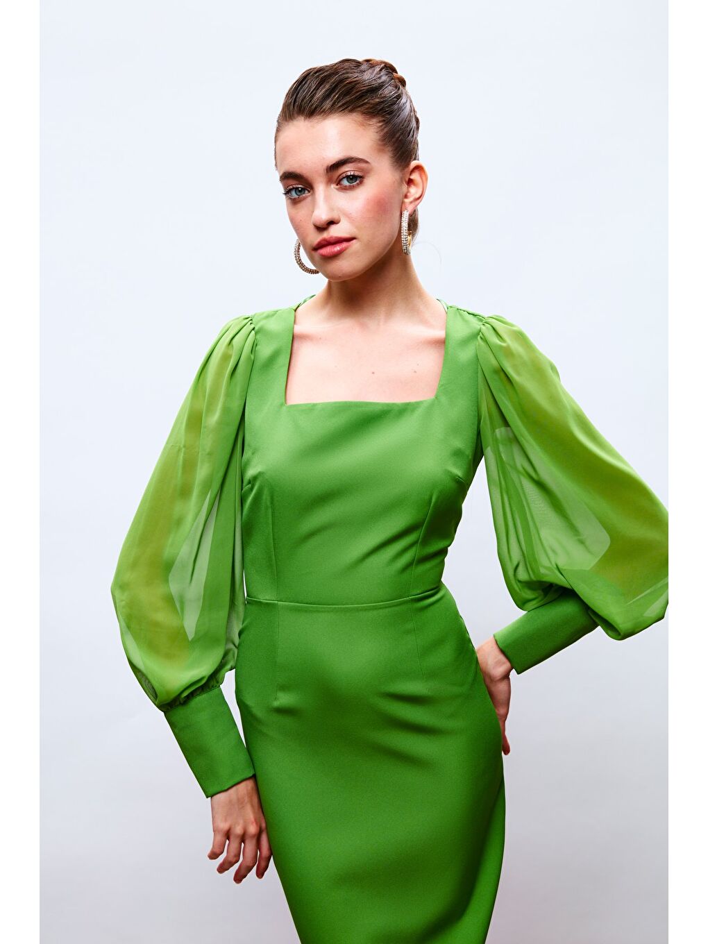 Şifon Kol Krep Elbise - Yeşil-2